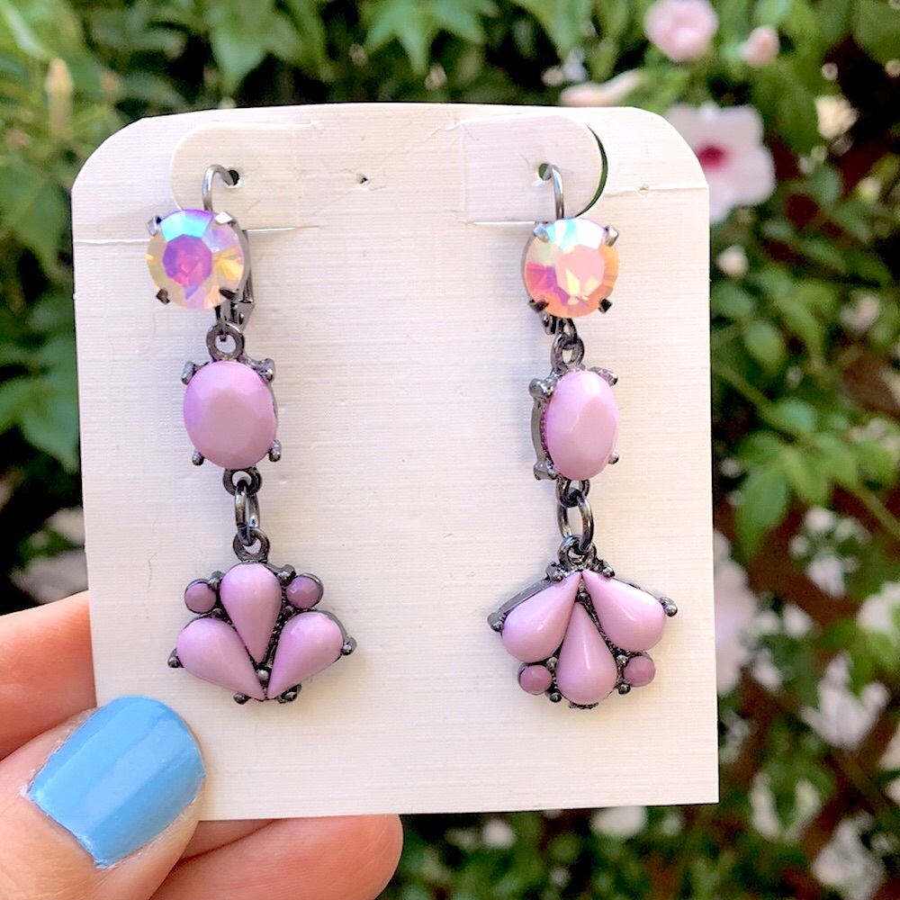 Lavender + Pink Opal Aurora Borealis Crystal Drop Statement Earrings - Picture 7 of 17